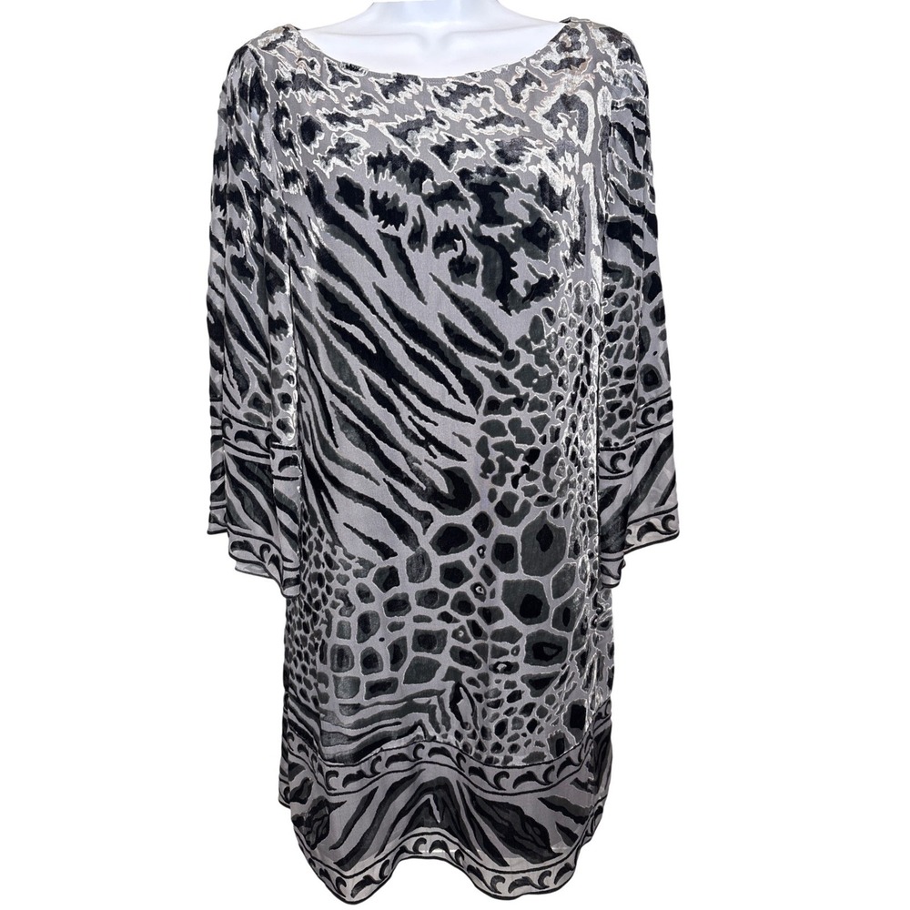Hale Bob Womens Grey Black Silk Blend Velvet Animal Print Shift Dress Sz S Chic